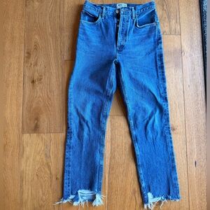 AGOLDE  Riley High Rise Straight Crop Jeans Raw Hem Button Fly Blue 25